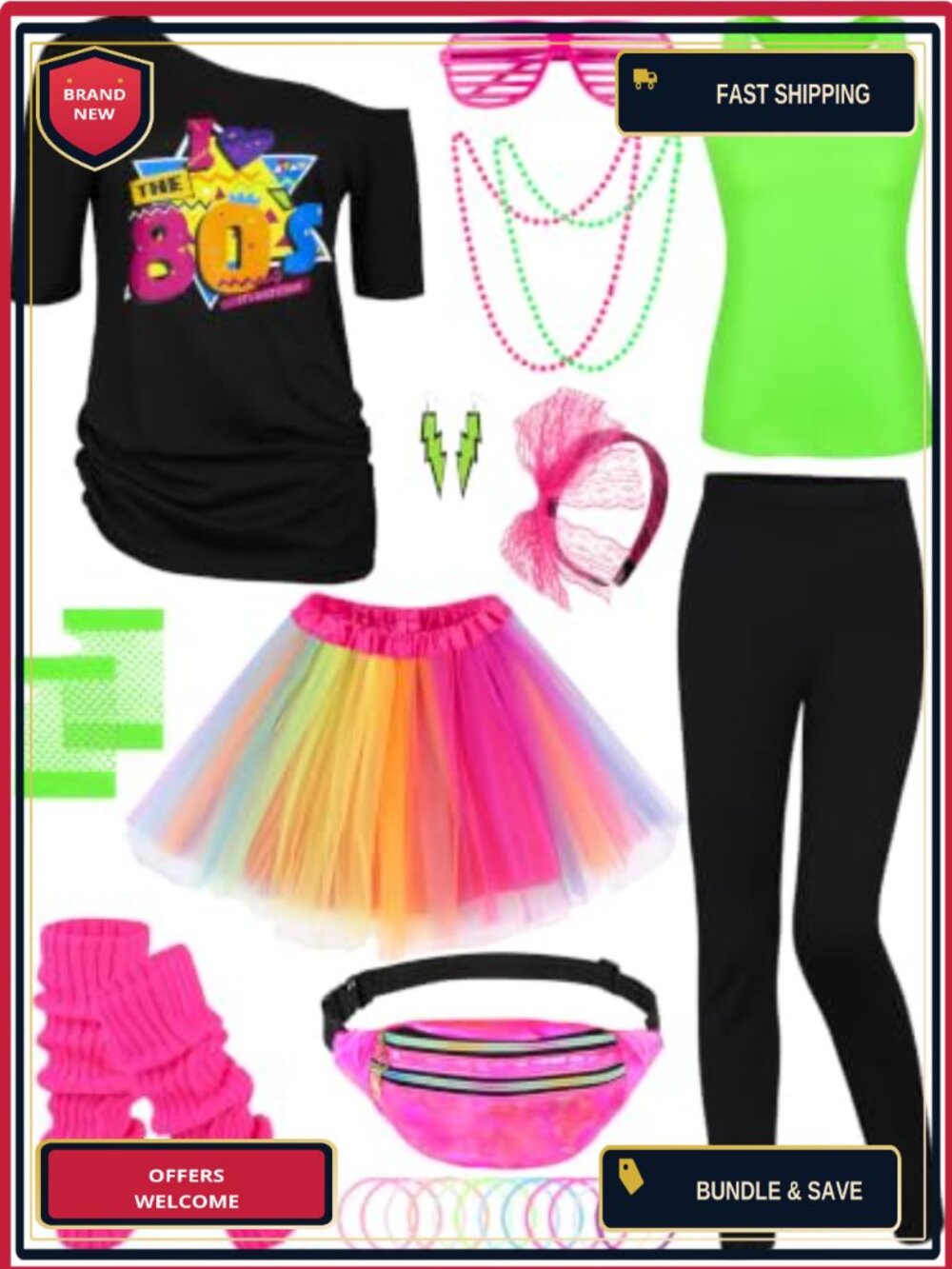 80s Costume Set 24 Pieces Off-Shoulder T-Shirt Tutu Pants Racerback Party
